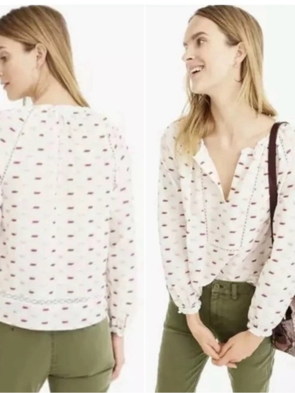 J Crew Point Sur Ruffle-Neck Popover Metallic Clip-Dot Blouse size small